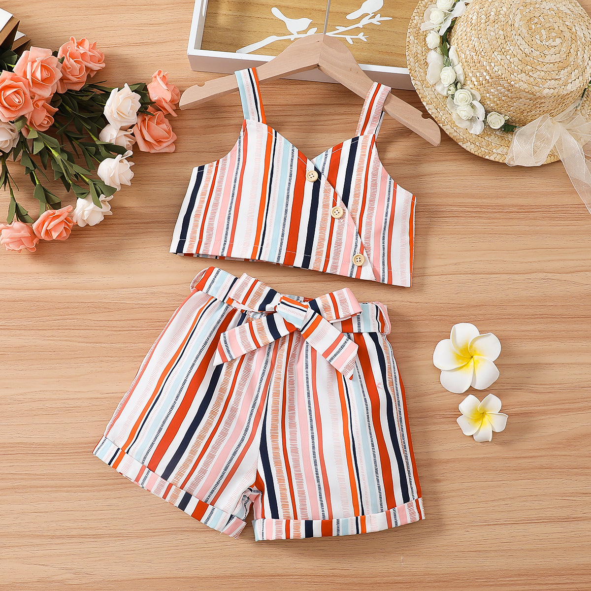 Basic Stripe Button Wrap Cami Top & Belted Shorts Set