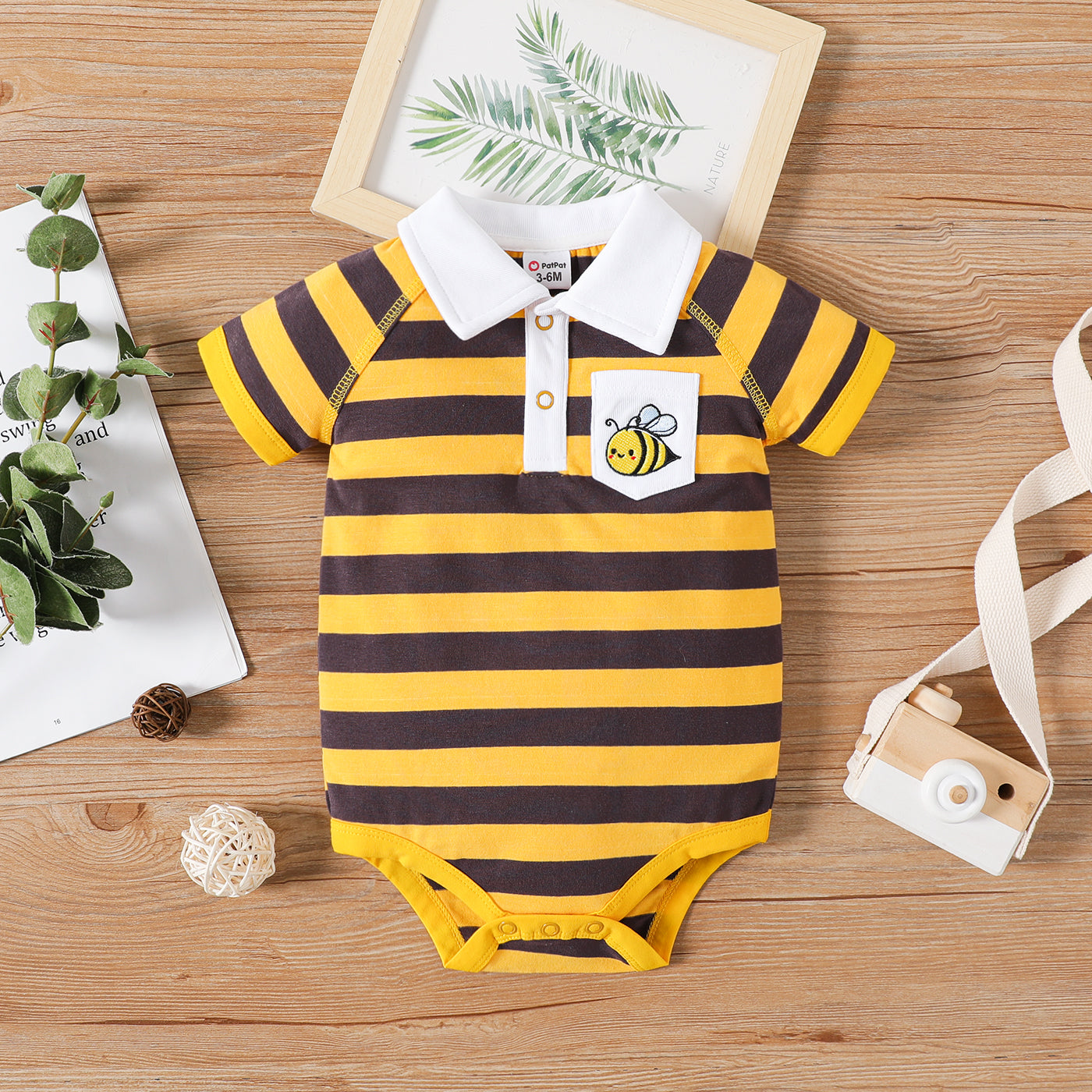 Stripe Polo Collar Animal Embroidered Short-sleeve Romper