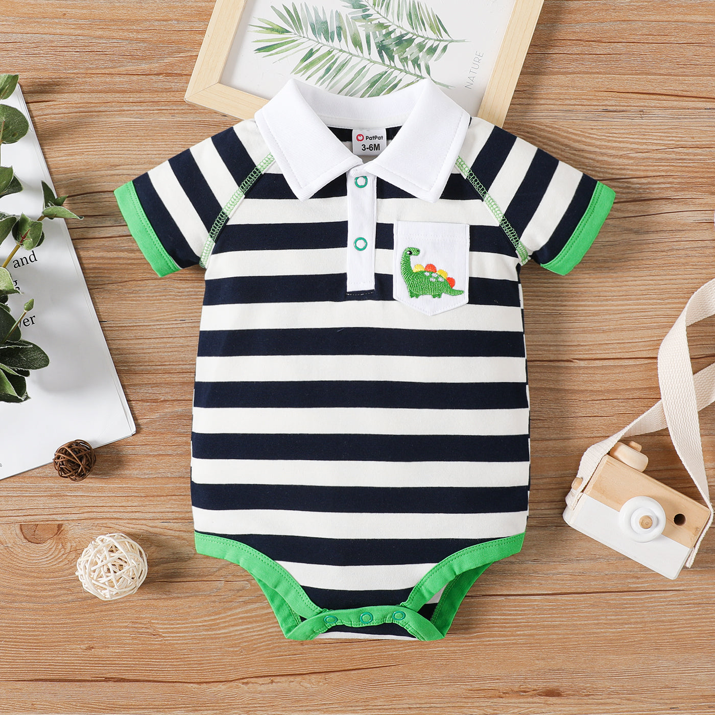 Stripe Polo Collar Animal Embroidered Short-sleeve Romper