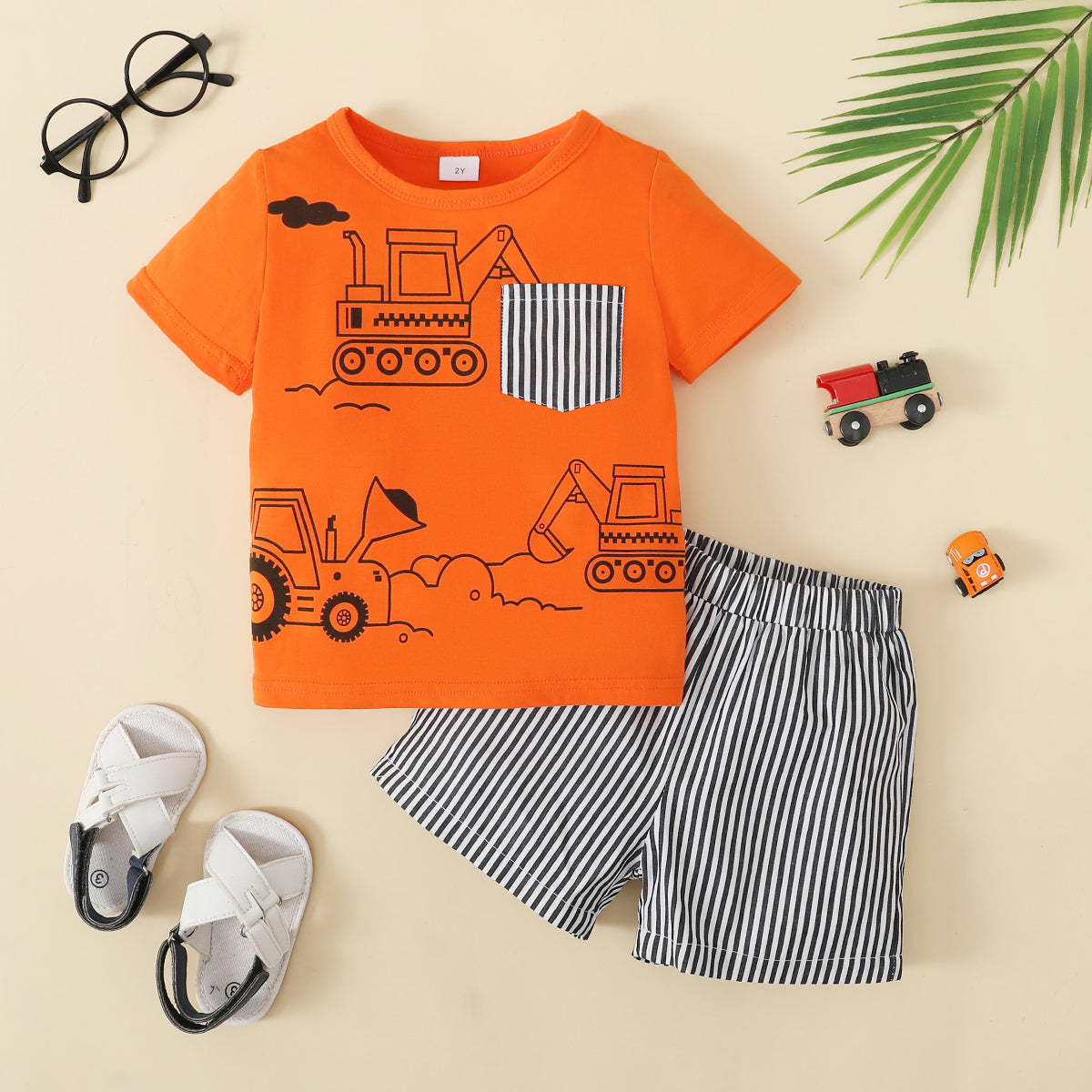 Playful Vehicle Print Short-sleeve Tee and Stripe Shorts Set