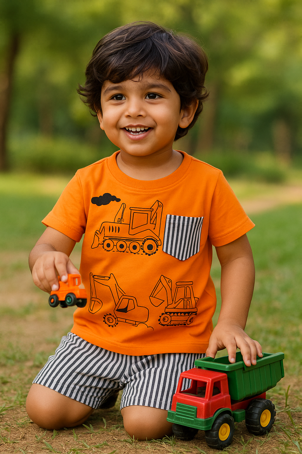 Playful Vehicle Print Short-sleeve Tee and Stripe Shorts Set