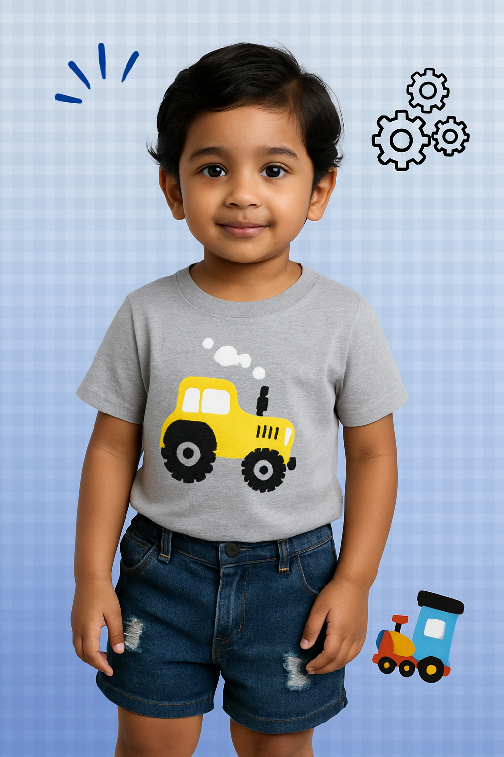 Playful Vehicle Print Short-sleeve Tee and Ripped Denim Shorts Set