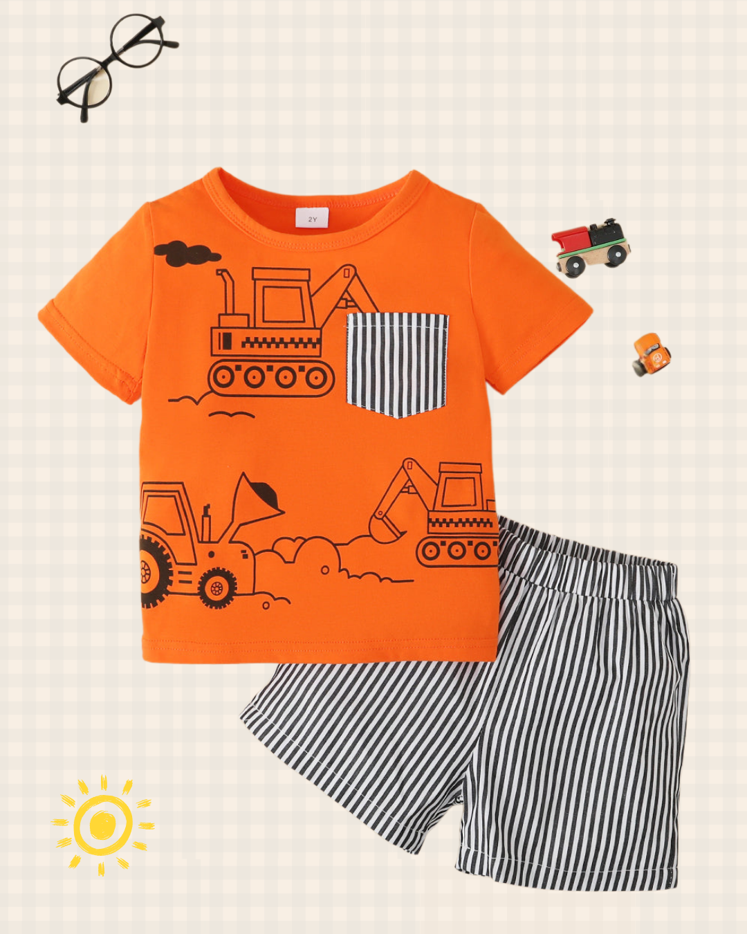 Playful Vehicle Print Short-sleeve Tee and Stripe Shorts Set