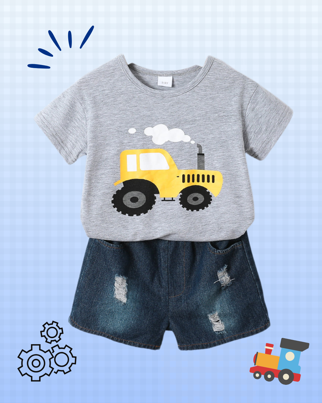 Playful Vehicle Print Short-sleeve Tee and Ripped Denim Shorts Set