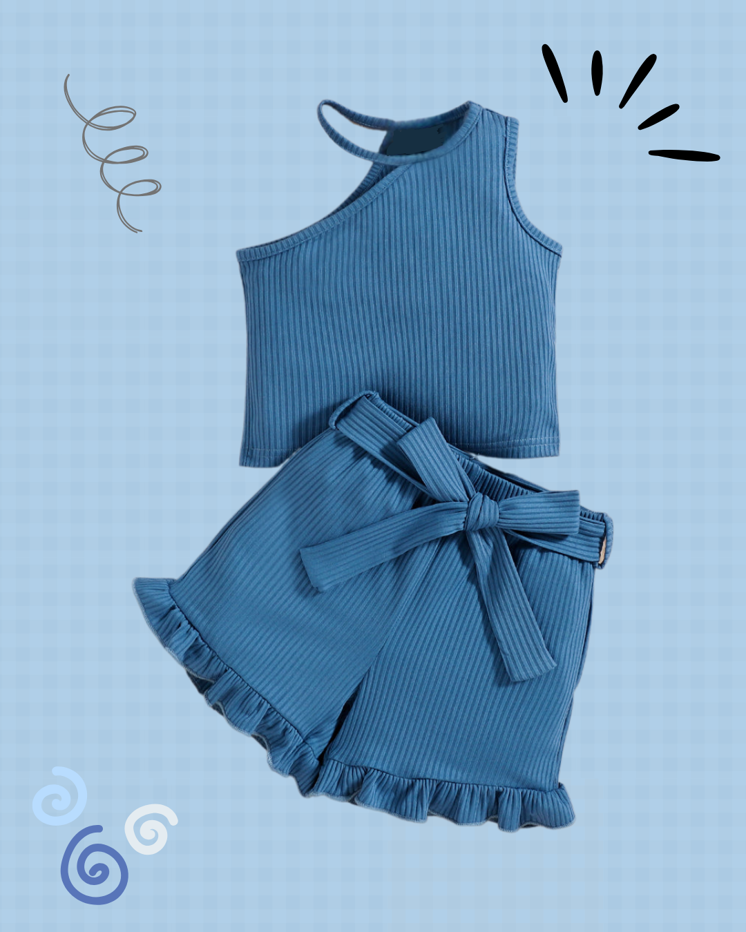 Blue Ribbed shorts and one strap top with Belt