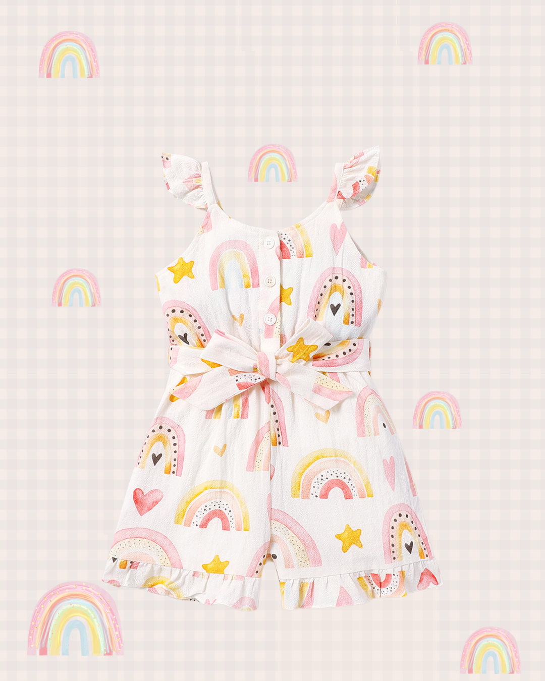 Rainbow Print Button Design Belted Sleeveless Rompers