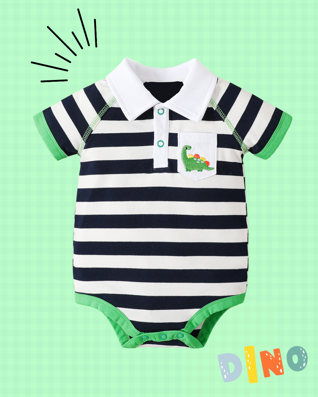 Stripe Polo Collar Animal Embroidered Short-sleeve Romper