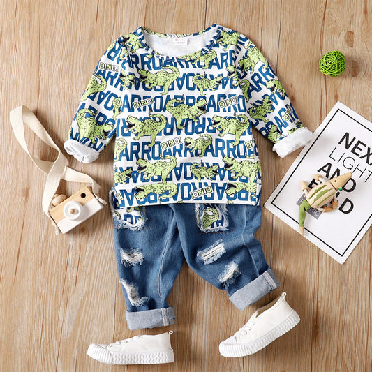 Dinosaur print t-shirt and ripped denim jeans
