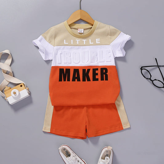 Trendy Letter Print Colorblock Short-sleeve Tee and Shorts Set