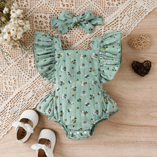 Floral Print Ruffle Trim Sleeveless Romper & Headband Set