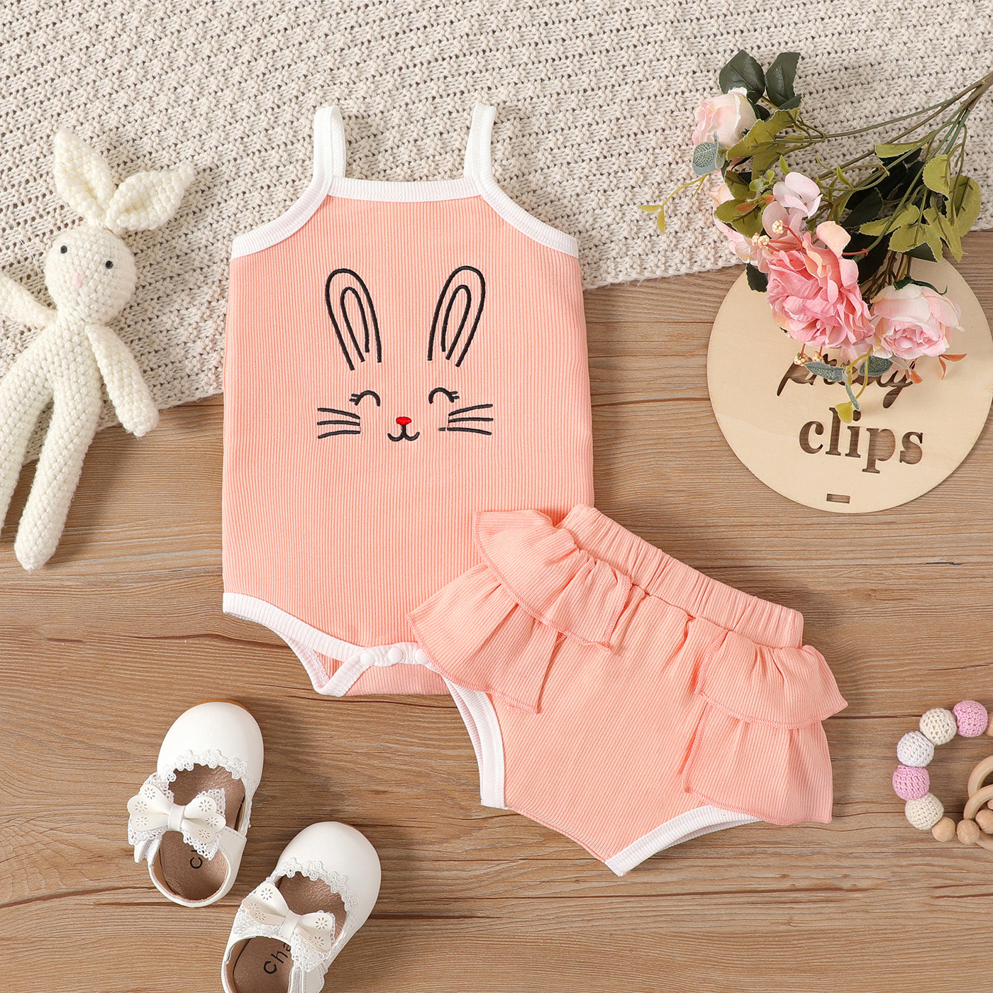 Easter Rabbit Embroidered Ribbed Cami Romper and Layered Ruffle Trim Shorts Set