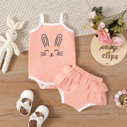 Easter Rabbit Embroidered Ribbed Cami Romper and Layered Ruffle Trim Shorts Set