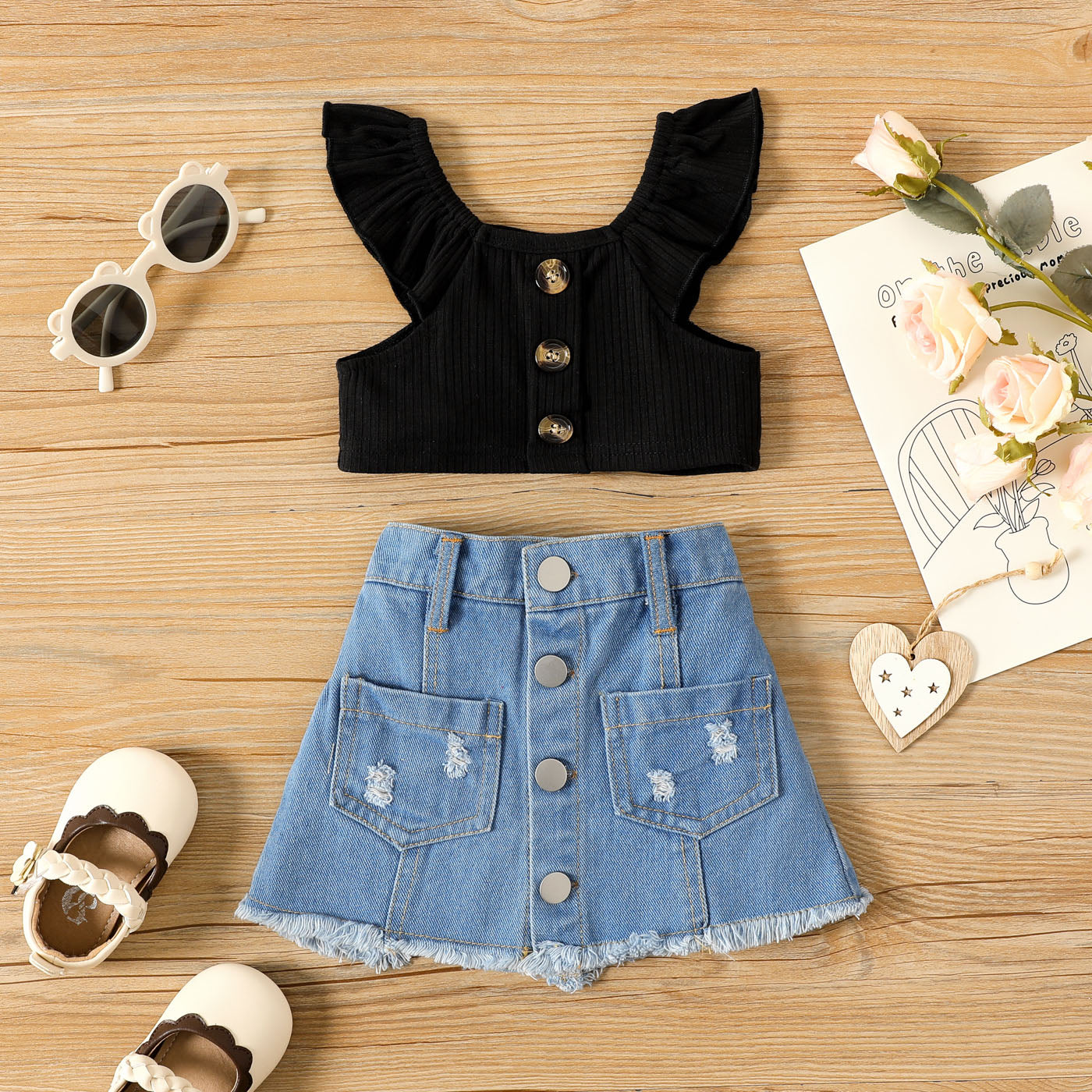 Front Button Sleeveless Ribbed Crop Top and Raw Hem Ripped Denim Skirt Set