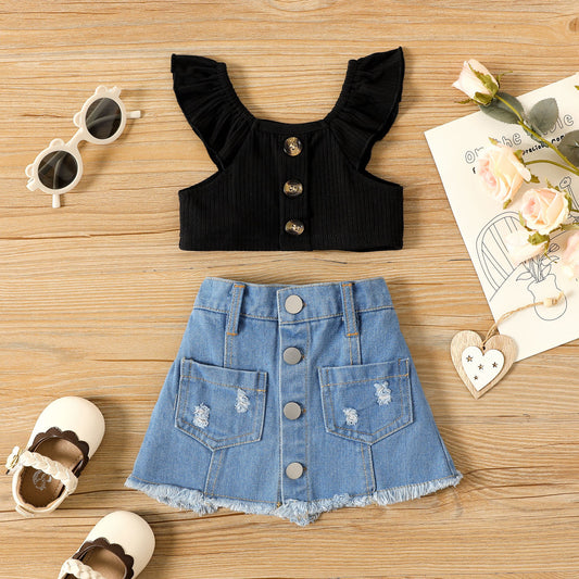 Front Button Sleeveless Ribbed Crop Top and Raw Hem Ripped Denim Skirt Set