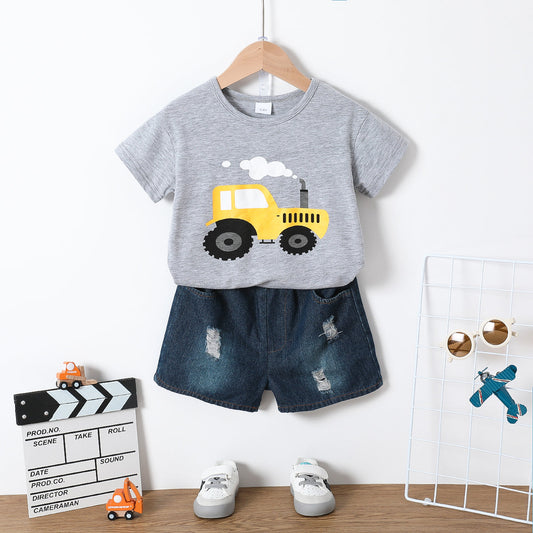 Playful Vehicle Print Short-sleeve Tee and Ripped Denim Shorts Set