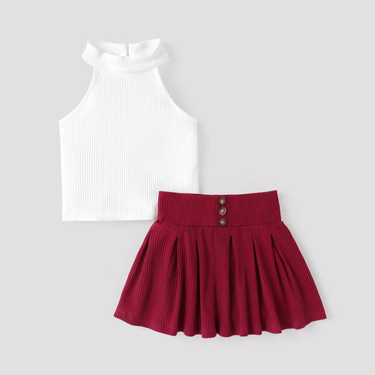 Ribbed Sleeveless Tee and Button Design Pleated Skirt Set
