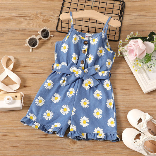 Floral Print Belted Button Design Denim Slip Rompers