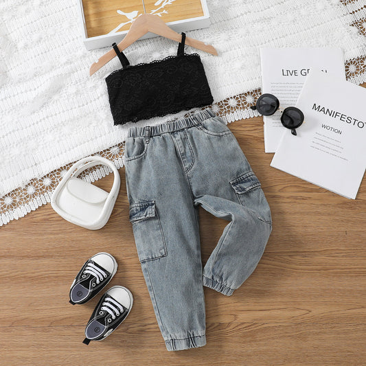 Trendy pure Lace Camisole and Pocket Jeans Set