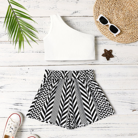 Cold Shoulder Tank Top and Geometry Print Shorts Set