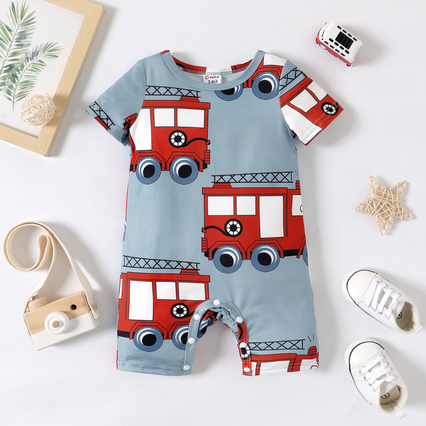 Baby Boy Allover Fire Engine Print Short-sleeve Romper