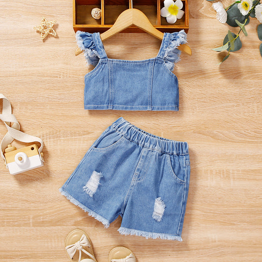 Trendy Raw Trim Cotton Tank Denim Top and Ripped Shorts Set