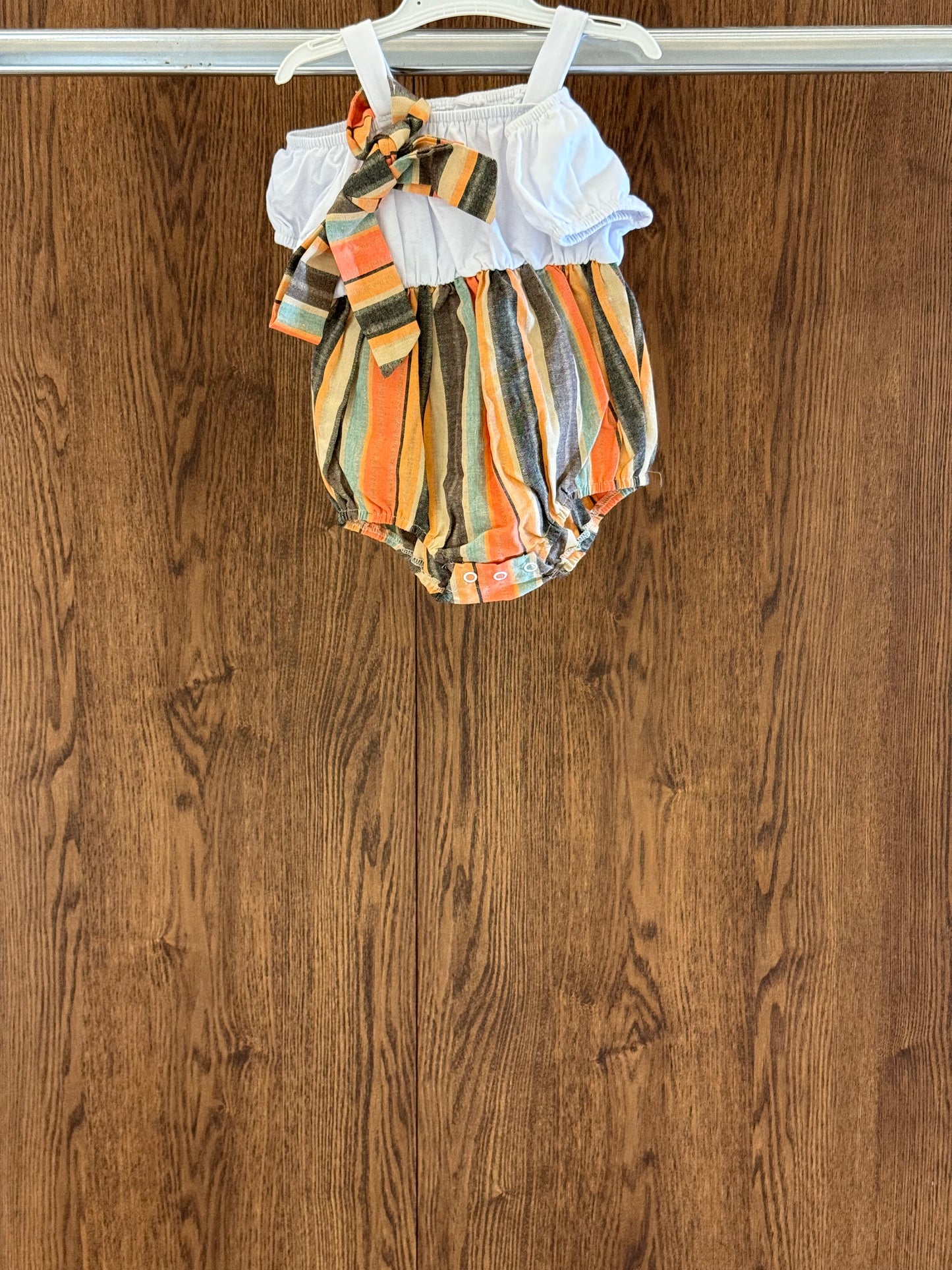 Cold Shoulder Puff-sleeve Spliced Striped Belted Romper