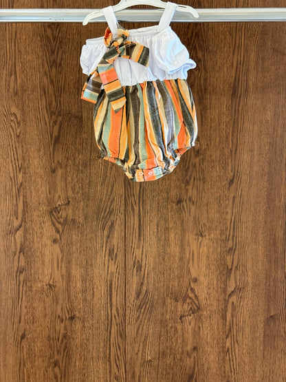 Cold Shoulder Puff-sleeve Spliced Striped Belted Romper