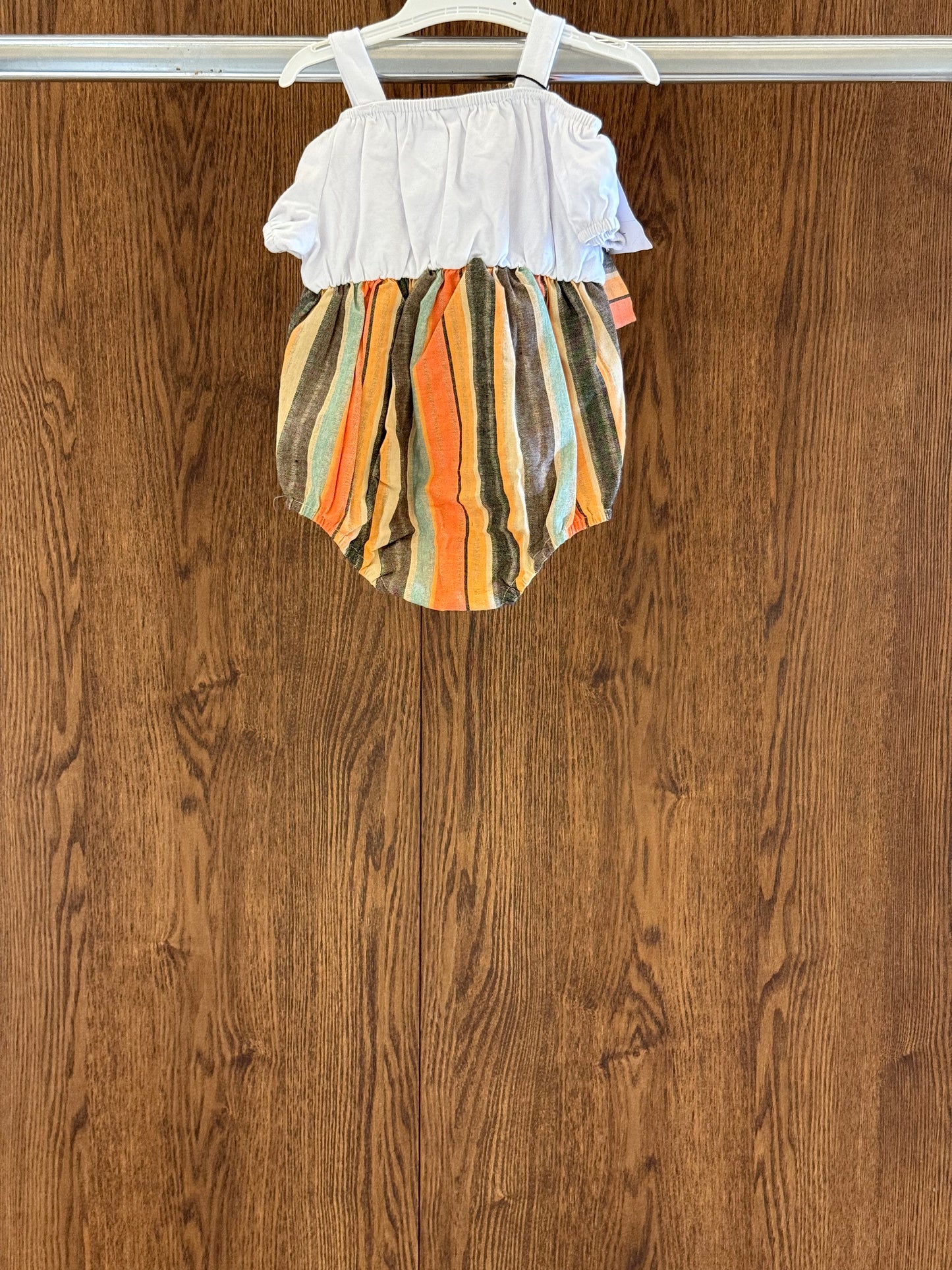 Cold Shoulder Puff-sleeve Spliced Striped Belted Romper