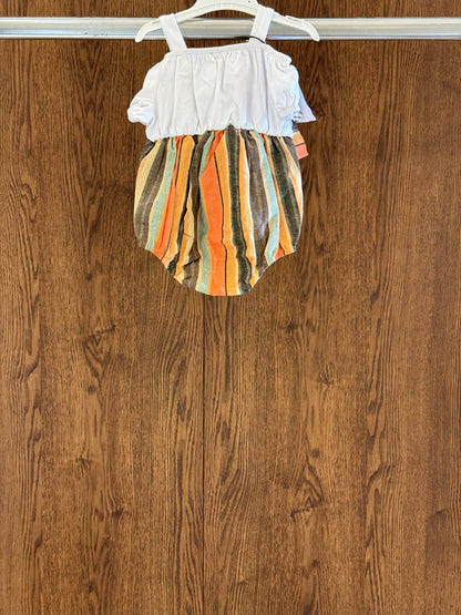 Cold Shoulder Puff-sleeve Spliced Striped Belted Romper