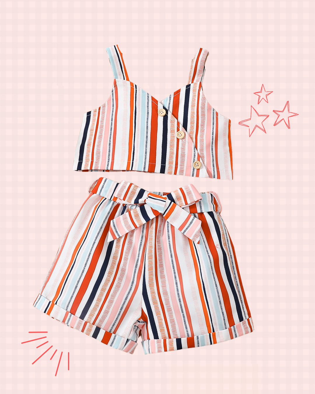 Basic Stripe Button Wrap Cami Top & Belted Shorts Set