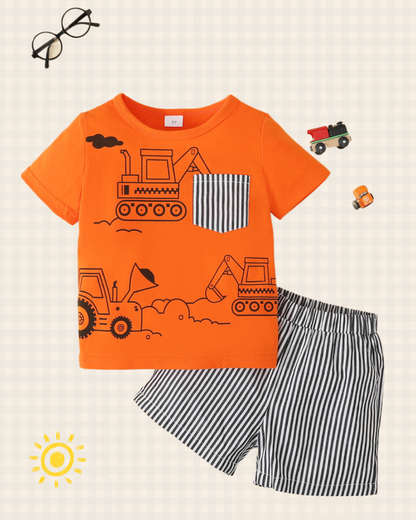 Playful Vehicle Print Short-sleeve Tee and Stripe Shorts Set