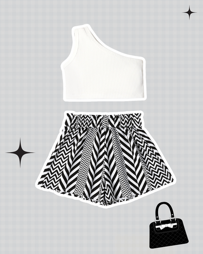 Cold Shoulder Tank Top and Geometry Print Shorts Set