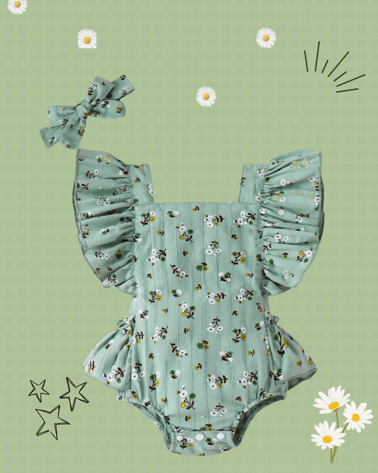 Floral Print Ruffle Trim Sleeveless Romper & Headband Set