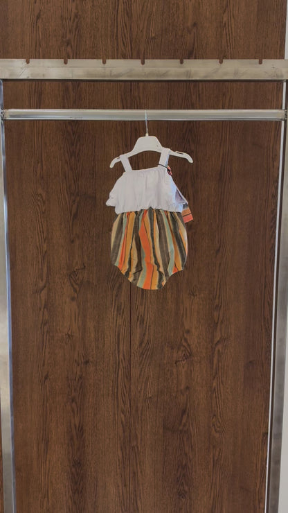 Cold Shoulder Puff-sleeve Spliced Striped Belted Romper