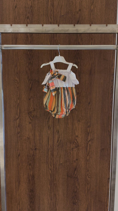 Cold Shoulder Puff-sleeve Spliced Striped Belted Romper