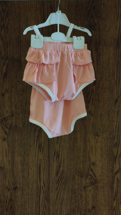 Easter Rabbit Embroidered Ribbed Cami Romper and Layered Ruffle Trim Shorts Set